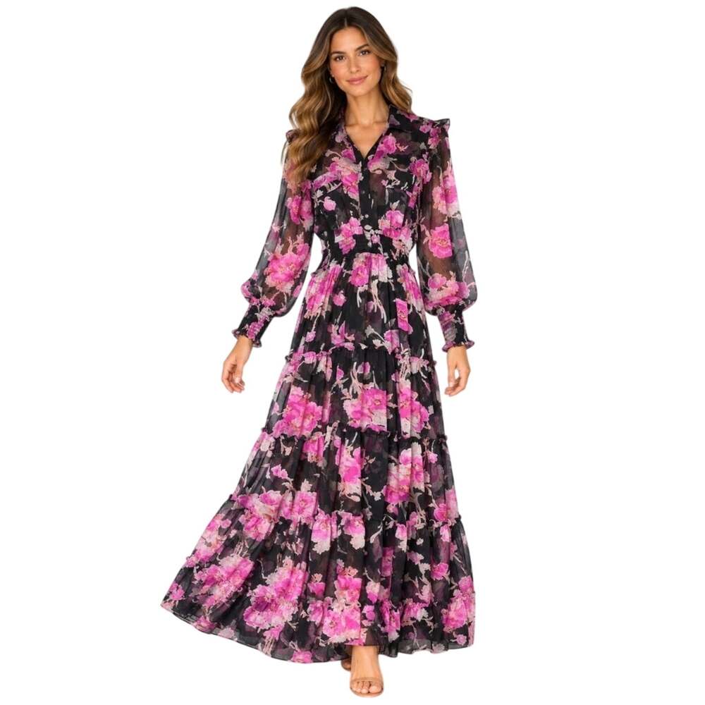 MISA Los Angeles black maxi dress with pink floral, longsleeve, semisheer, M